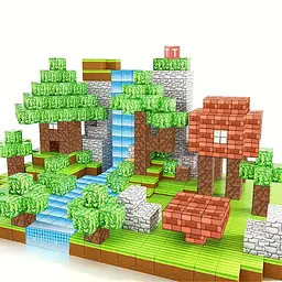 Магнітний конструктор Minecraft 100 шт + 3 фігурки по грі Майнкрафт ліс та водоспад Mk001006