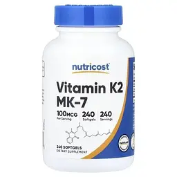 Вітамін К2 Nutricost у формі МК-7, 100 мкг 240 гелевих капсул