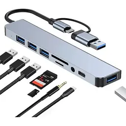 Концентратор Dynamode USB-C/A 8-in-1 1xUSB-C + 1xUSB 3.0 + 3xUSB 2.0 + 3.5mm audio + SD/TF silver (BYL-2218TU) - мініатюра 2