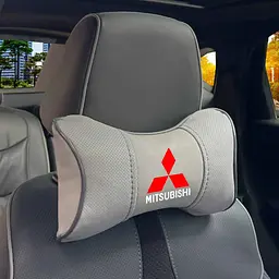 Подушка на підголівник з логотипом Mitsubishi Екошкіра 3D Кольоровий лого Сірі-Сірий кант 1 шт