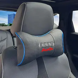Подушка на підголівник з логотипом Audi Екошкіра 3D Кольоровий лого Чорна-Синій кант 1 шт