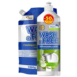 Набір побутової хімії Wash&Free Засіб для миття посуду Зелене яблуко та едельвейс 1000 г + Рідке господарське мило 1000 г (9200000987252)