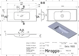 Умивальник Miraggio DELLA 1100 (0000170) Miramarble, Глянцевий, Накладний/Врізний, Білий - мініатюра 2