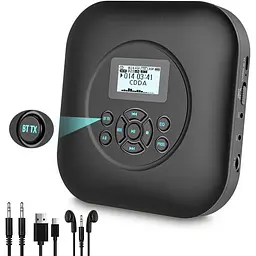 Портативний CD-плеєр CCHKFEI з Bluetooth, динаміками, акумулятором на 1800 мАг, захистом від ударів та зісковзування, навушниками