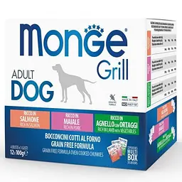 Набір консерв Monge Dog GRILL MIX для собак, мікс 3 смаки:лосось/ягня/свинина 12 шт по 100 гр (паучі)