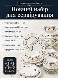 Столовий сервіз із порцеляни 33 предмети на 6 персон білий з вишнями (37261980) - мініатюра 4