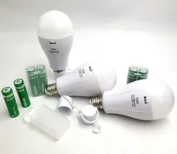 Світлодіодна LED-лампа акумуляторна (знімні 2 × 18650) автономна аварійна 3 режими яскравості 15 W лампочка, цоколь E27 UKC 3 шт - мініатюра 5