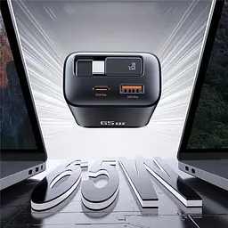 МЗП Usams US-CC299 GaN With Retractable Type-C Cable Xiang Ser. 65W (1USB-A/1C) Black - мініатюра 3