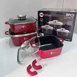 Набір квадратних каструль Higher Kitchen із гранітним покриттям 8 предметів червоний, чорний HK-302 - мініатюра 3