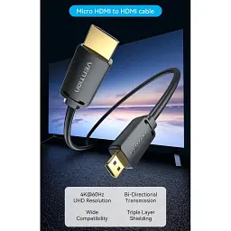Кабель мультимедійний HDMI M to HDMI micro M 1.0m 4K60Hz black Vention (AGIBF) - мініатюра 8