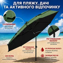 Зелена Парасолька туристична з чохлом 210 см / Восьмикутна парасолька для риболовлі, кемпінгу та пляжу - мініатюра 3