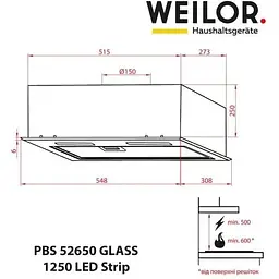 Витяжка вбудована Weilor PBS 52650 Glass BL 1250 LED Strip - мініатюра 10