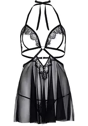 Сорочка бебі-дол з відкритими чашками Leg Avenue Lace and mesh babydoll & panty Black M, стрінги - мініатюра 3
