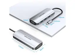 Мультипортовий адаптер Vention 5-in-1 USB-C to HDMI/USB3.0x3/PD (THFHB) - мініатюра 4