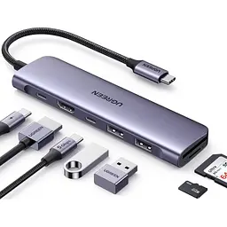 Концентратор Ugreen USB-C 7-in-1 2xUSB 3.0 + USB-C PD100W + HDMI 4K30Hz + SD/TF black (15214) - мініатюра 2