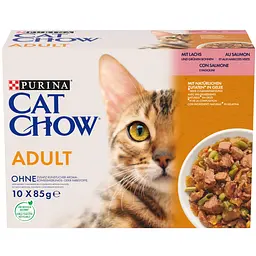 Набір вологого корму для дорослих котів Purina Cat Chow Adult з лососем і зеленою квасолею 85 г х 10 шт.