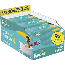 Дитячі вологі серветки Pampers Fresh Clean 80 шт х 9 пачок (720 шт) (8006530134583)