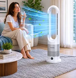 Мобільний безлопатевий вентилятор Germatic 2в1 автоповорот 80° / Кондиціонер зима-літо AM-030JR 1200W+ пульт ДУ - мініатюра 2