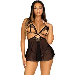 Пеньюар Leg Avenue Lace and mesh babydoll & panty Black S