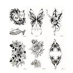 Набір тимчасових тату Метелики та квіти №1 black-tattoo-mini-set-f01 із 6 чорних по 9,5 х 5,5 см