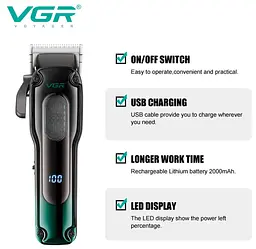 Машинка для стрижки VGR V-013 тример з 8 насадками дисплей 6500 об/хв Чорна із Зеленим 5 Вт - мініатюра 3