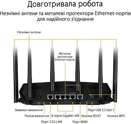 ASUS Маршрутизатор TUF-AX6000 4xGE LAN 1x2.5GE LAN 1x2.5GE WAN 1xUSB3.2 MU-MIMO OFDMA MESH gaming AURA RGB - мініатюра 10
