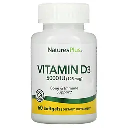 Вітамін D3, Vitamin D3, 125 мкг (5000 МО), 60 гелевих капсул Nature's Plus vit0001767