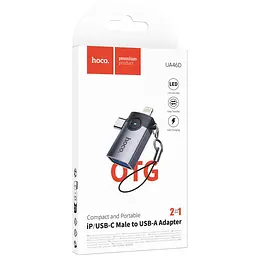 Перехідник Hoco UA46D OTG 2in1 Lightning male/Type-C male to USB female Metal gray - мініатюра 2