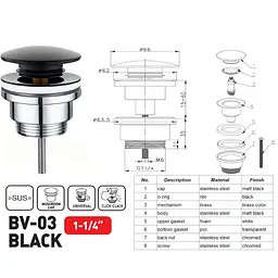 Донний клапан для раковини Zerix BV-03 універсальний Click-Clack 1 1/4″ black ZX6020 - мініатюра 8