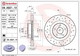 Диск гальмівний вентильований Subaru Legacy III-V, Brz 98-25р Brembo (09.A921.1X)