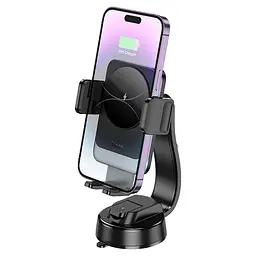 Автоутримувач HOCO HW14+ Wireless Charging 15W, кріплення на торпеду, затискач 55-90мм, Black, Box - мініатюра 4