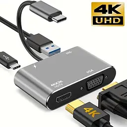 Концентратор Type-C 4 в 1, адаптер type-c 3.0 до 4K HDMI HDTV, VGA USB 3.0 PD, розгалужувач швидкої зарядки  - мініатюра 2