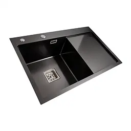Кухонна мийка Platinum Handmade 78x50В PVD з нержавіючої сталі 3.0 мм квадратний сифон 78x50x22 см чорна - мініатюра 2