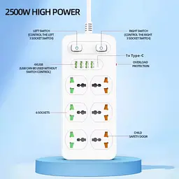 Сетевой фильтр удлинитель Power Socket AR-CP05, 6 розеток, 4 USB, Type-C, 1.8 м, белый - миниатюра 3