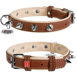 Нашийник для собак Waudog Soft, шкіряний, з шипами, з QR паспортом, 57-71х3,5 см, коричневий - мініатюра 3