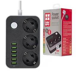 Мережевий фільтр живлення ColorWay CW-CHЕ36B, 3 розетки/6USB Black 1.8M (CW-CHE36B) - мініатюра 2