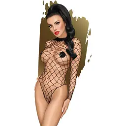 Боді Penthouse Scandalous XL Black, велика сітка, високий комір, довгі рукави