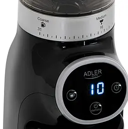Кавомолка Adler AD 4450 Burr 300 Вт, конічні металеві жорна, 31 ступінь помелу, контейнер 300 г, таймер 25 с, чорна/срібляста - мініатюра 8