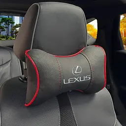 Подушка на підголівник з логотипом Lexus Екошкіра 3D Кольоровий лого Чорна-Червоний кант 1 шт