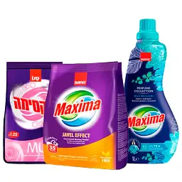 Набір Sano Пральний порошок Javel Effect, Суперконцентрований ополіскувач Maxima Blue Blossom, Пральний порошок Musk (288109, 991426, 288727)