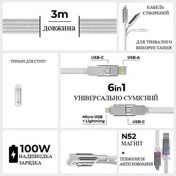 Кабель Rolling Square 6in1, inCharge XL 3 м, білий (XLL02R) - мініатюра 3