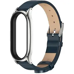 Шкіряний ремінець MiJobs для фітнес-браслета Xiaomi Mi Band 5 и 6 Type C темно-синій, тримач - сріблястий