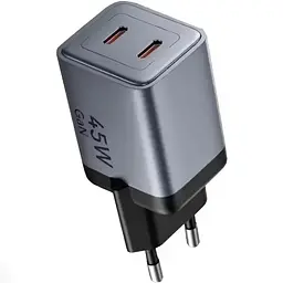 Зарядний пристрій 2xUSB-C 45W PD3.0/QC/GaN + USB-C cable М-М чорний Vention