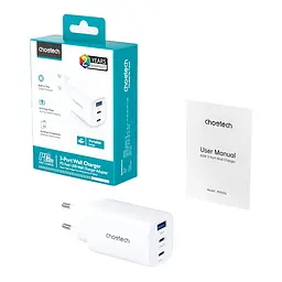 Мережевий зарядний пристрій Choetech PD9006 PD65W GAN USB-A+2xUSB-C White (43-00171) - мініатюра 2