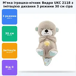 Дитяча м'яка іграшка нічник Видра обіймашка реалістично дихаюча і сопляча 3 режими 30см UKC 2118 сіра