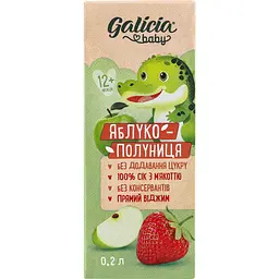 Упаковка натурального яблучно-полуничного соку Galicia Baby з м’якоттю 1.8 л (0.2 л x 9 шт.) - мініатюра 2