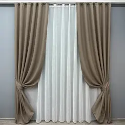 Комплект штор з тюлем VR-Textil Льон Мішковина, темно-бежевий з білим, 2 штори 100×270 см + тюль 300×270 см, арт. 71-017/1