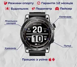 Чоловічий наручний розумний годинник North Edge CrossFit GPS з компасом (Black) - мініатюра 8
