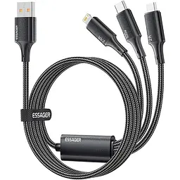 Кабель Essager Simple 3 in 1 USB - MicroUSB+USB Type-C+Lightning (M/M), 100W, 1.2 м Black (EXCMTL-JJ01-P)