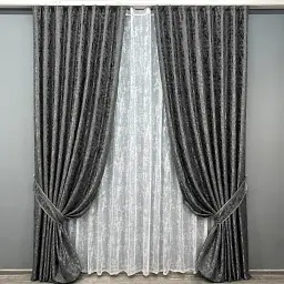Комплект штор с тюлем VR-Textil Лен Мрамор, серо-коричневый с белым, 2 шторы 100×270 см + тюль 300×270 см, арт. 71-140/1